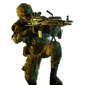 Soldier in a kneeling stance aiming a machine gun.