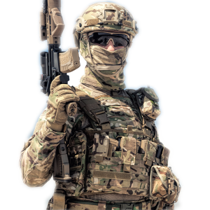 Soldier facing forward holding an airsoft replica in the air.